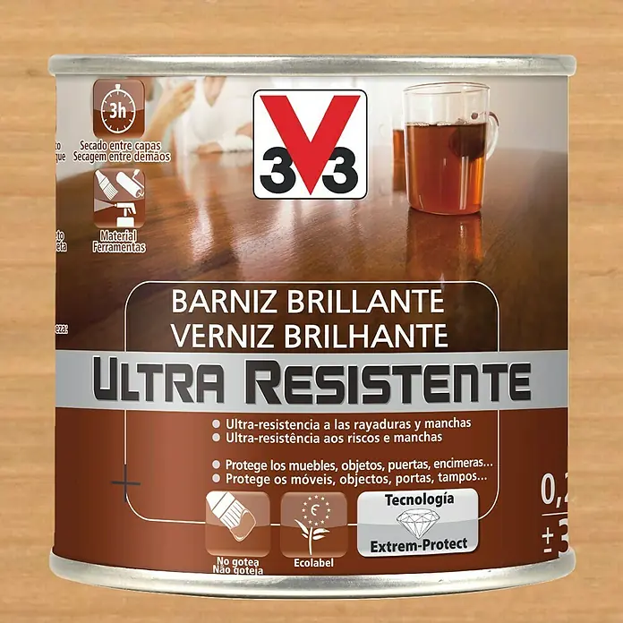 V33 Barniz para madera Brillante Ultra Resistente - Roble claro, Brillante, 250 ml