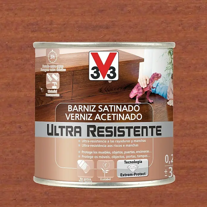 V33 Barniz para madera Satinado Ultra Resistente - Caoba, Satinado, 250 ml