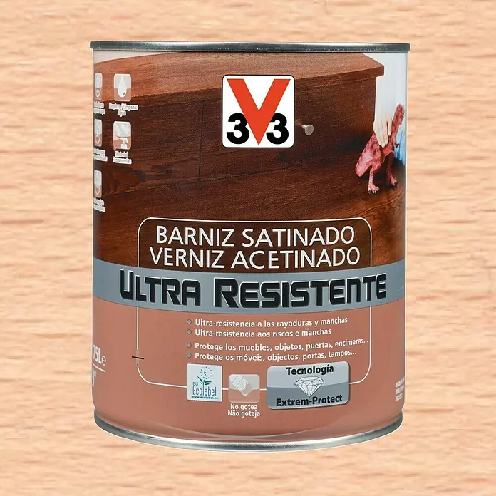 V33 Barniz para madera Satinado Ultra Resistente - Incoloro, Satinado, 750 ml