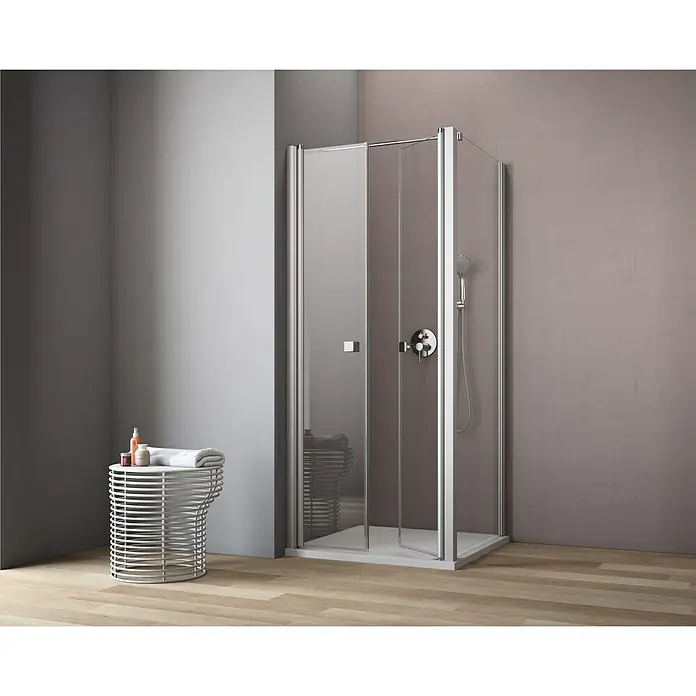 GEO Hit Eckdusche B-F110 - 100 x 80 x 202,2 cm, Unbeschichtet, DIN Anschlag: Links, Stärke: 6 mm, Silber - Vorderansicht