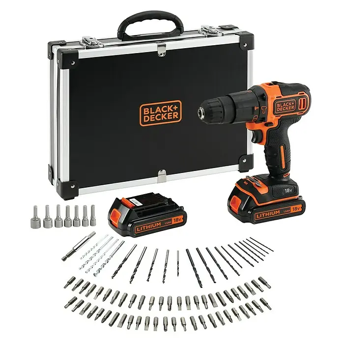 Black+Decker Taladro atornillador percutor de batería BDCHD18BAFC + kit de 80 accesorios - 18 V, 1,5 Ah, 2 baterías, 360 r.p.m. - 1.400 r.p.m.