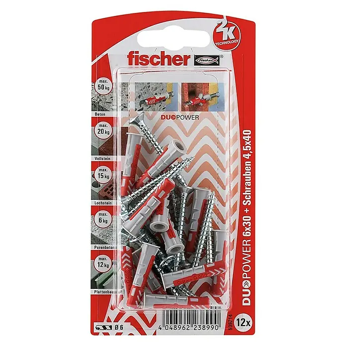 Fischer Duopower Dübel- & Schraubenbox 6 x 30 S - Durchmesser Dübel: 6 mm, Länge Dübel: 30 mm, 12 Stk., Senkkopfschraube