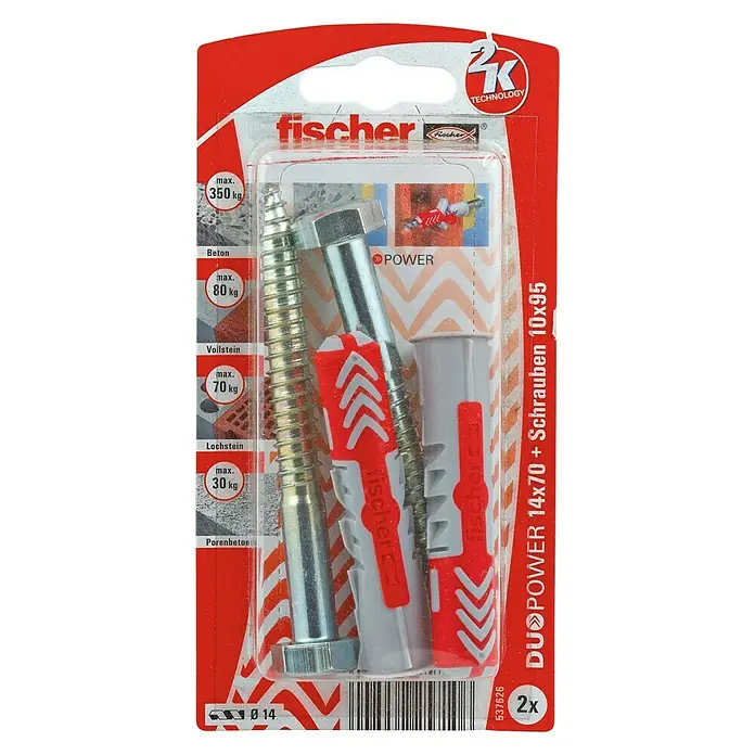 Fischer Duopower Dübel- & Schraubenbox - Durchmesser Dübel: 14 mm, Länge Dübel: 70 mm, 2 Stk., Sechskantschraube