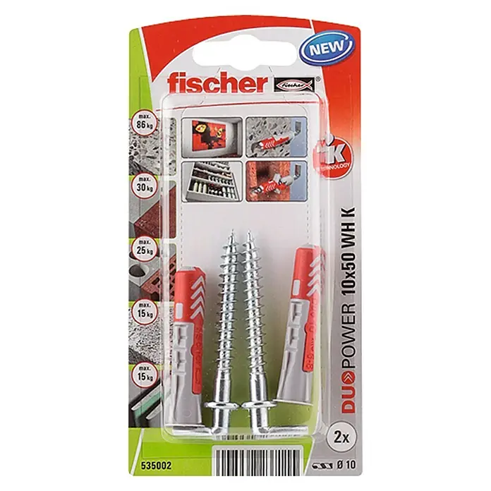Fischer Duopower Set de tacos con alcayata - Diámetro taco: 10 mm, Longitud taco: 50 mm, 2 uds.