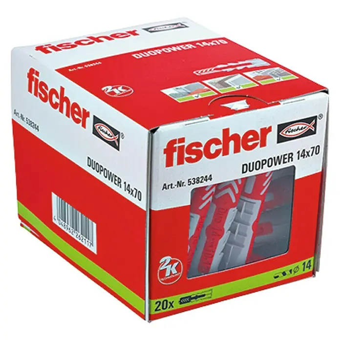 Fischer Duopower Set de tacos - Diámetro taco: 14 mm, Longitud taco: 70 mm, 20 uds., Nylon