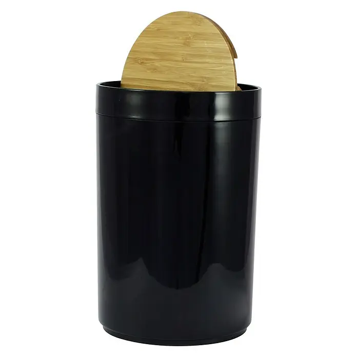 Papelera de baño Darwin - Negro/Bambú, Redonda, Plástico
