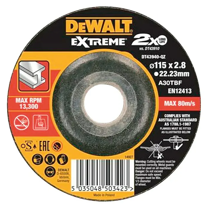 Dewalt Extreme Disco de corte DT43932-QZ - 125 mm, Espesor disco: 2,8 mm, Apto para: Acero inoxidable