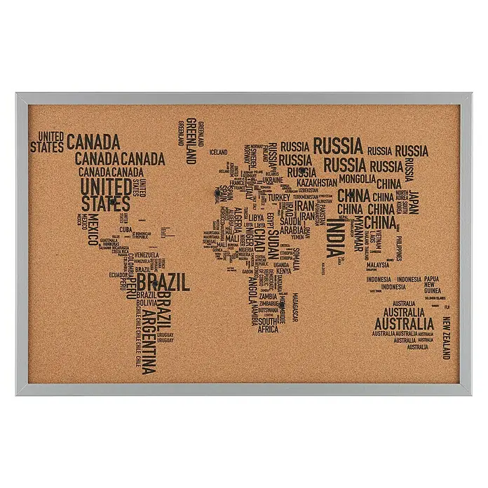 Corcho para notas con marco Mapa mundi - Gris, 90 x 60 cm