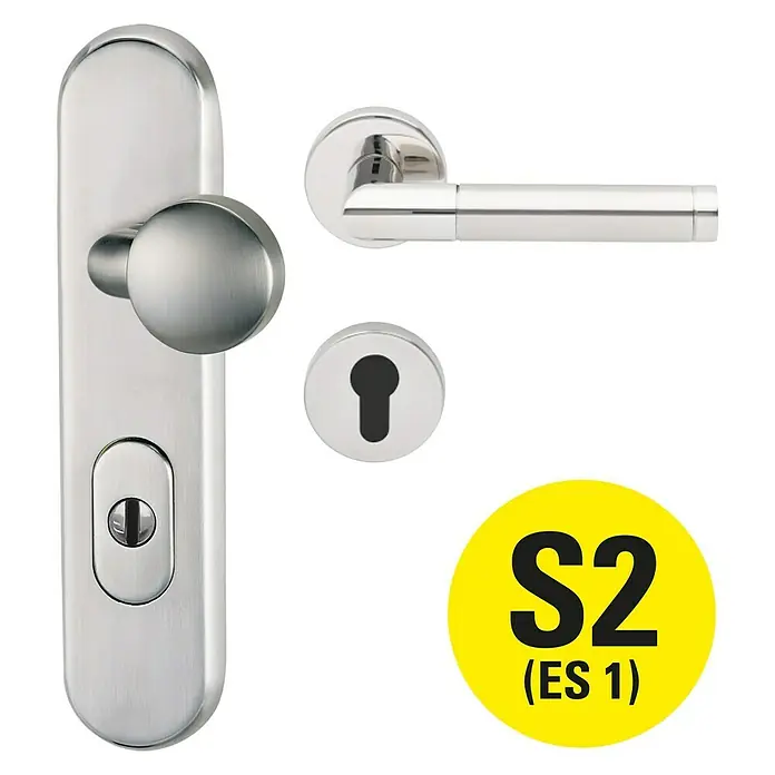 Diamond Doors Creative Schutzbeschlag warrior Avantgardo - Wohnungsabschlusstür, Edelstahl, Türstärke: 35 mm - 45 mm, Knopf außen, Drücker innen, DIN 18257 ES1 - Vorderansicht