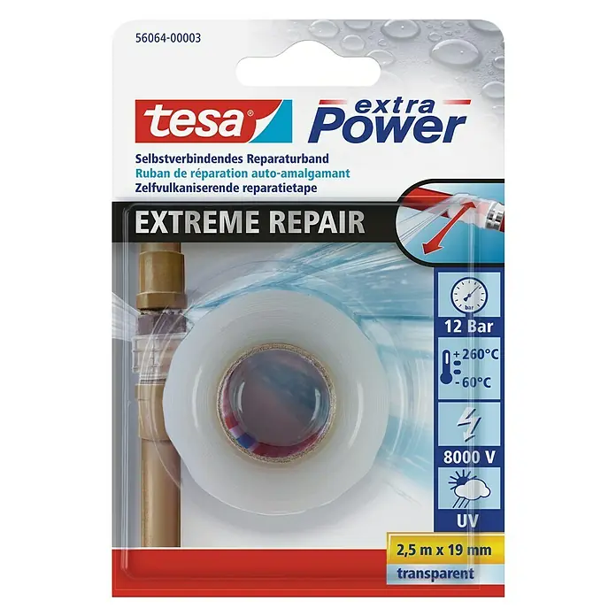 Tesa Extra Power Reparaturband Extreme Repair - 2,5 m x 19 mm, Transparent, Selbstverschweißend - Vorderansicht