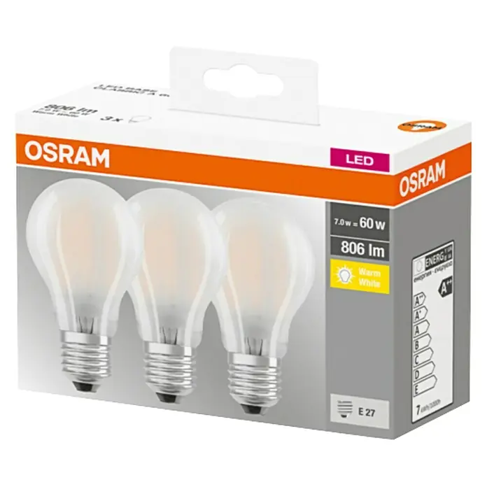 Osram Star LED-Leuchtmittel Classic A 60 - 3 Stk., 7 W, E27, Warmweiß, Matt