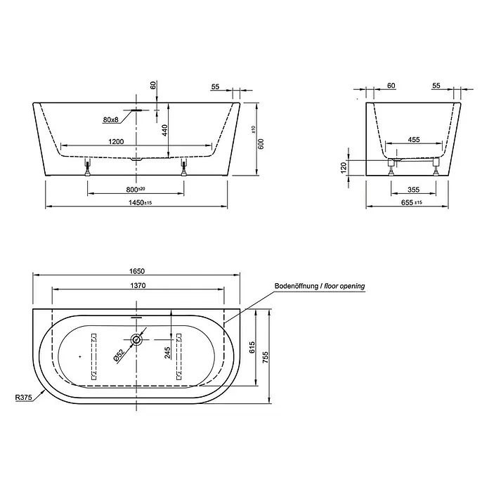 Ottofond Freistehende Badewanne Siesta - 165 x 75 cm, Sanitäracryl, Weiß
