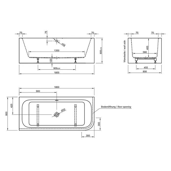 Ottofond Badewanne Bonita - 180 x 80 cm, Rechtsseitig, Mit Ab- & Überlaufgarnitur & Wassereinlauf, Sanitäracryl, Weiß