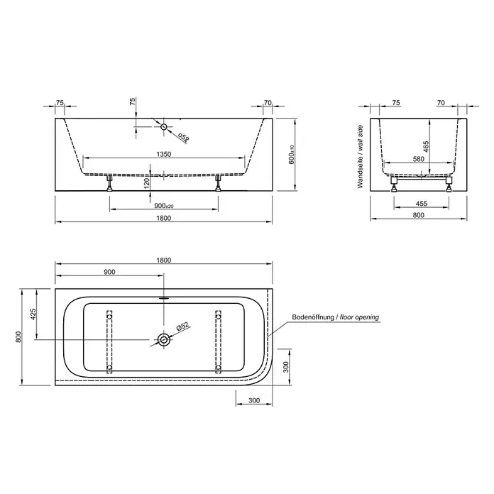 Ottofond Badewanne Bonita - 180 x 80 cm, Rechtsseitig, Mit Ab- & Überlaufgarnitur & Wannenrandarmatur, Sanitäracryl, Weiß