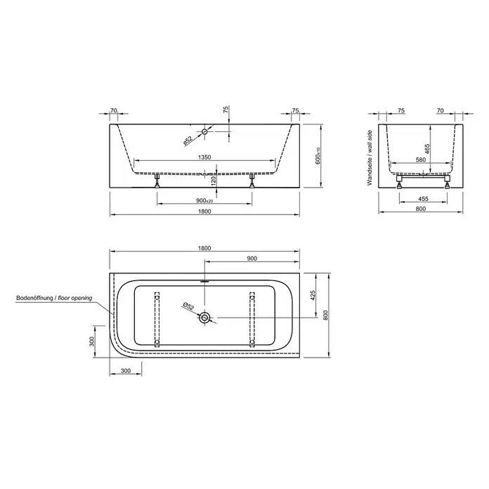 Ottofond Badewanne Bonita - 180 x 80 cm, Linksseitig, Mit Ab- & Überlaufgarnitur & Wassereinlauf, Sanitäracryl, Weiß