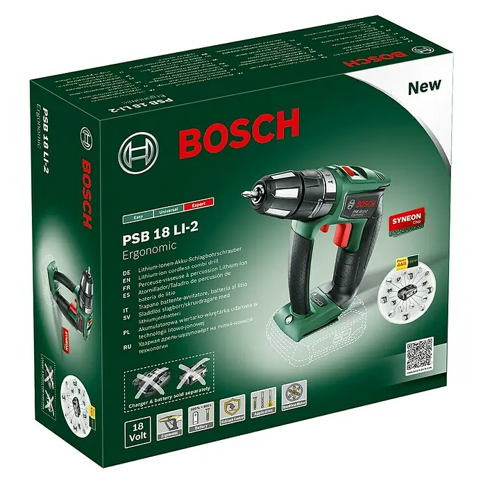 Bosch 18 V Power for All Akku-Schlagbohrschrauber PSB 18 LI-2 Ergonomic - 18 V, Ohne Akku, 0 U/min - 1.400 U/min