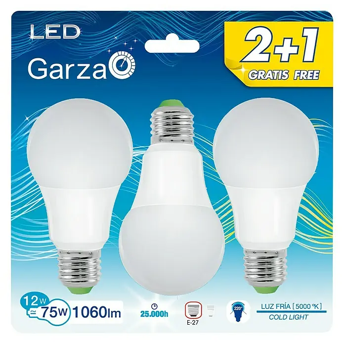 Garza Bombilla LED - 3 uds., 12 W, E27, Color de luz: Blanco frío