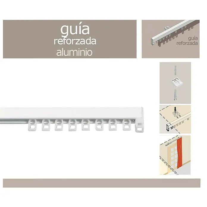Guía de carril para cortina - 200 x 3 x 3 cm, Metal, Blanco - Vista superior