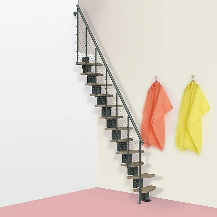 Fontanot Raumspartreppe Zen 2 Tube - Breite: 61 cm, Anthrazit, Anzahl Steigungen: 13 Stk., Farbe Stufen: Birke Ulme Hell, Geschosshöhe: 250 cm - 304 cm - Stimmungsaufnahme