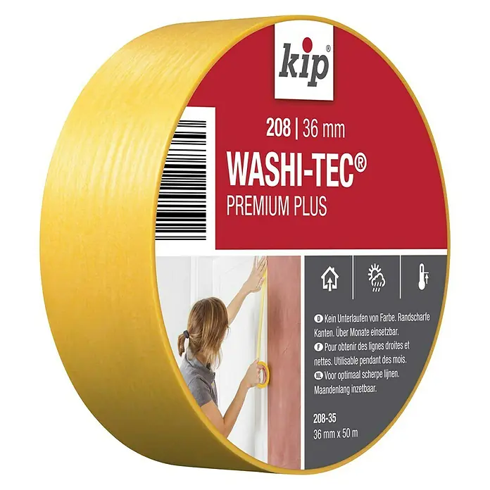 Kip Fineline-Tape Washi-Tec Universal 208 - Selbstklebend, 50 m x 36 mm x 0,09 mm, Temperaturbeständigkeit: Bis 120 °C - Diagonale Ansicht