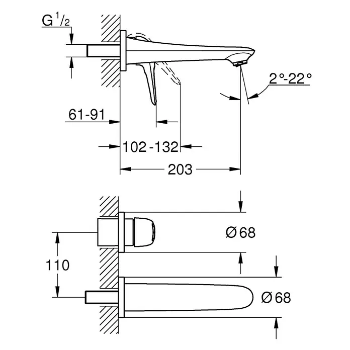 Grohe Eurostyle Wand-Waschtischarmatur - 2-Loch, Weiß, Glänzend
