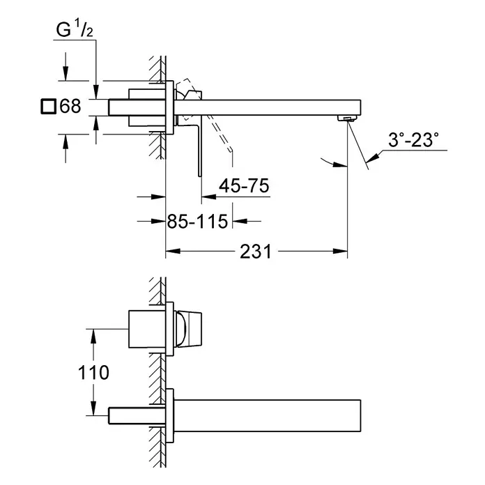 Grohe Eurocube Wand-Waschtischarmatur - 2-Loch, Chrom, Glänzend, Ausladung: 231 mm