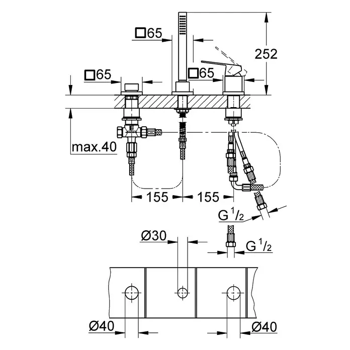 Grohe Eurocube Wannenrandarmatur - 3-Loch, Chrom, Glänzend