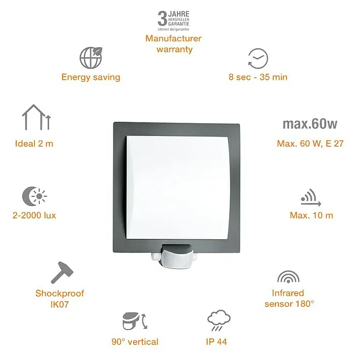 Steinel Sensor-Außenwandleuchte L 20 - 60 W, 8 x 24 x 23 cm, Anthrazit/Weiß, IP44 - Vorderansicht