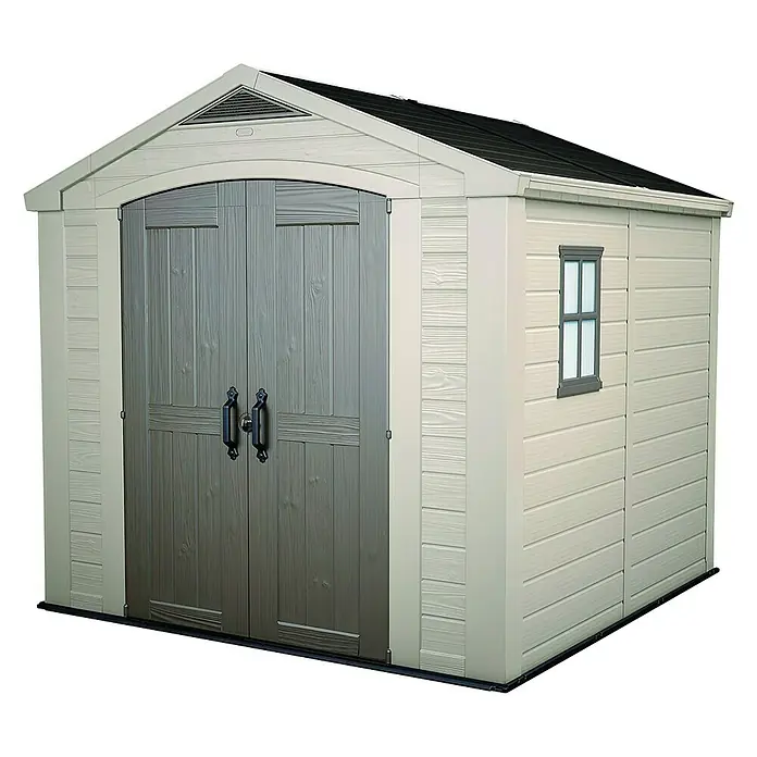 Keter Caseta para jardín Factor 8x8 - Ancho exterior incluido el voladizo del techo: 225 cm, Profundidad exterior incluido el voladizo del techo: 256,5 cm, Plástico, Beige/Marrón, Área: 6,54 m²