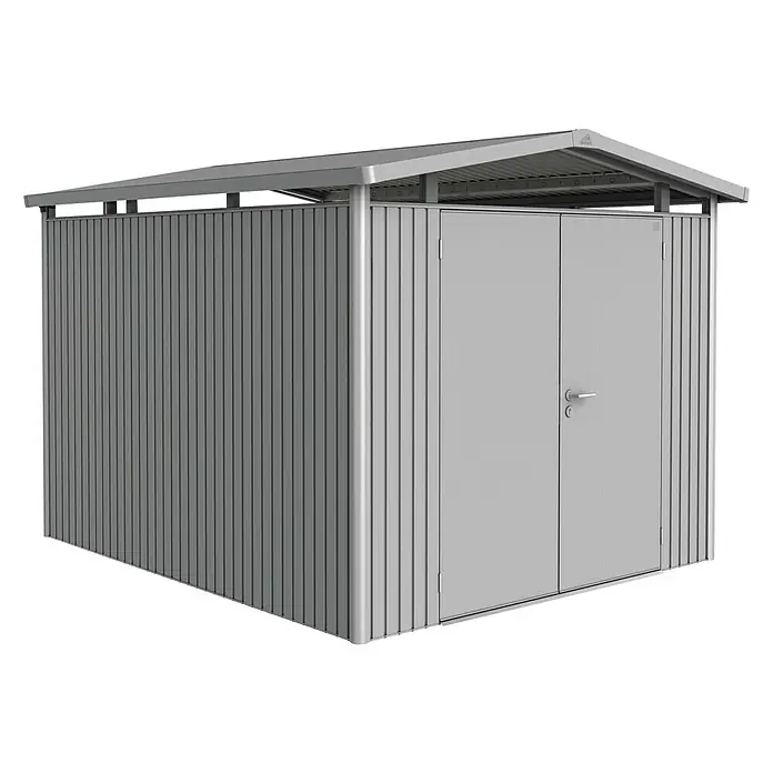 Biohort Gerätehaus Panorama - Außenbreite inkl. Dachüberstand: 273 cm, Außentiefe inkl. Dachüberstand: 318 cm, Stahl, Silber Metallic, Doppeltür - Vorderansicht