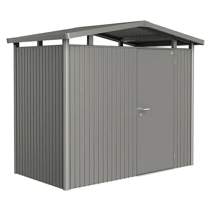 Biohort Gerätehaus Panorama - Außenbreite inkl. Dachüberstand: 273 cm, Außentiefe inkl. Dachüberstand: 158 cm, Stahl, Quarzgrau Metallic, Einzeltür - Vorderansicht