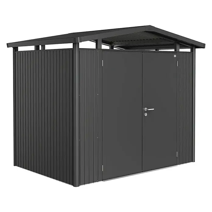 Biohort Gerätehaus Panorama - Außenbreite inkl. Dachüberstand: 273 cm, Außentiefe inkl. Dachüberstand: 198 cm, Stahl, Dunkelgrau Metallic, Doppeltür - Vorderansicht
