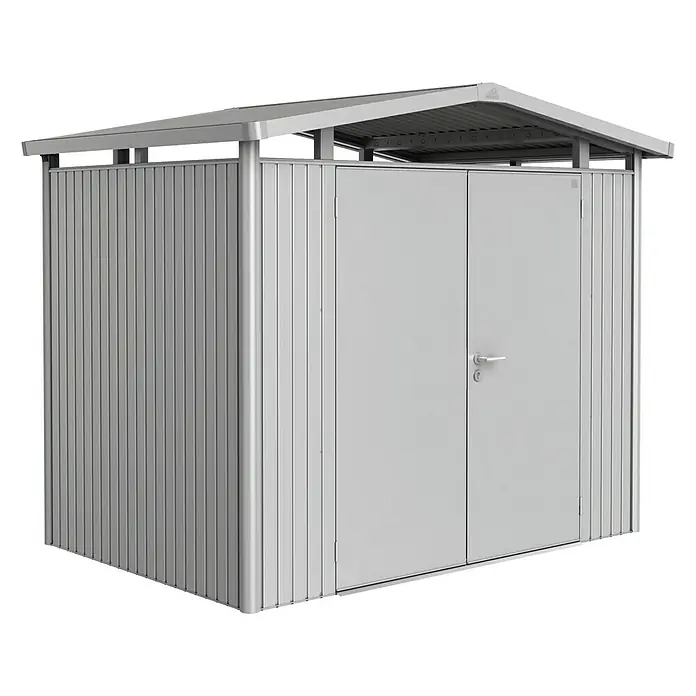 Biohort Gerätehaus Panorama - Außenbreite inkl. Dachüberstand: 273 cm, Außentiefe inkl. Dachüberstand: 198 cm, Stahl, Silber Metallic, Doppeltür - Vorderansicht