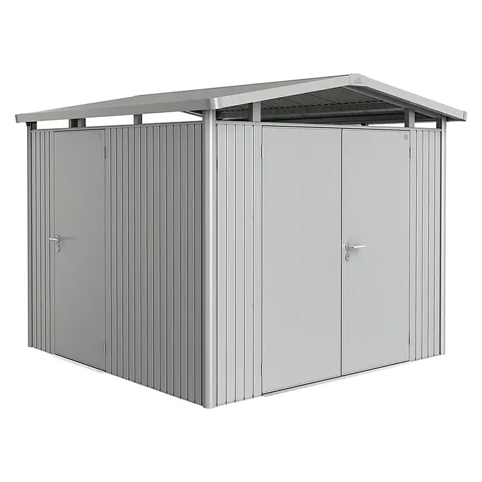Biohort Gerätehaus Panorama - Außenbreite inkl. Dachüberstand: 273 cm, Außentiefe inkl. Dachüberstand: 278 cm, Stahl, Silber Metallic, Doppeltür - Vorderansicht