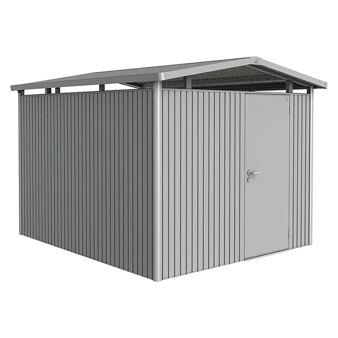 Biohort Gerätehaus Panorama - Außenbreite inkl. Dachüberstand: 273 cm, Außentiefe inkl. Dachüberstand: 318 cm, Stahl, Silber Metallic, Einzeltür - Vorderansicht