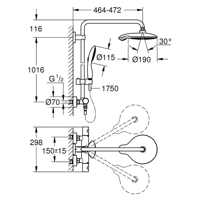 Grohe Duschsystem Euphoria Power&Soul 190 - Lochabstand: 101,6 cm, Anzahl Strahlarten: 4 Stk., Chrom