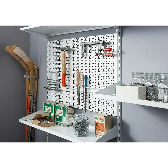 Element System Classic Lochwand-Set Organizer 2 - 2 x Stahllochplatten 80 x 20 cm, 2 x Wandschienen 50 cm, 19 verschiedene Werkzeughalter und Boxen, Montagematerial, 29 -tlg. - Anwendungsbeispiel