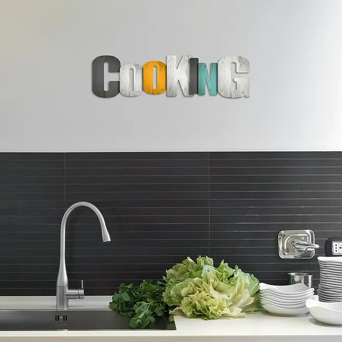 Decoración de mural Cooking nordic - Letras, Blanco/Negro/Turquesa/Amarillo, 60 x 25 cm