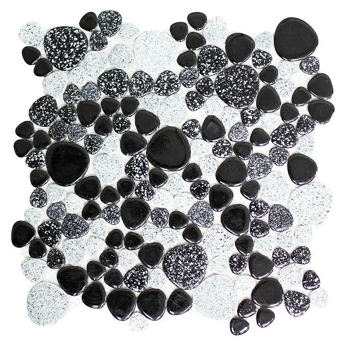 Mosaikfliese Kiesel XKM 33 - 30 x 30 cm, Schwarz/Weiß, Glänzend