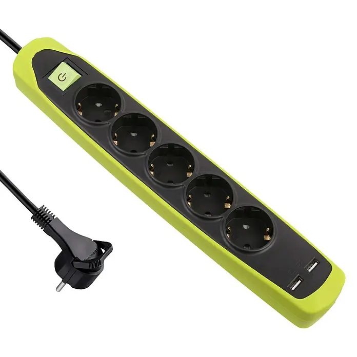 Electraline Base de enchufe múltiple con USB Gummy - Número de enchufes Schuko: 5 ud., Negro/Verde, Longitud del cable: 2 m