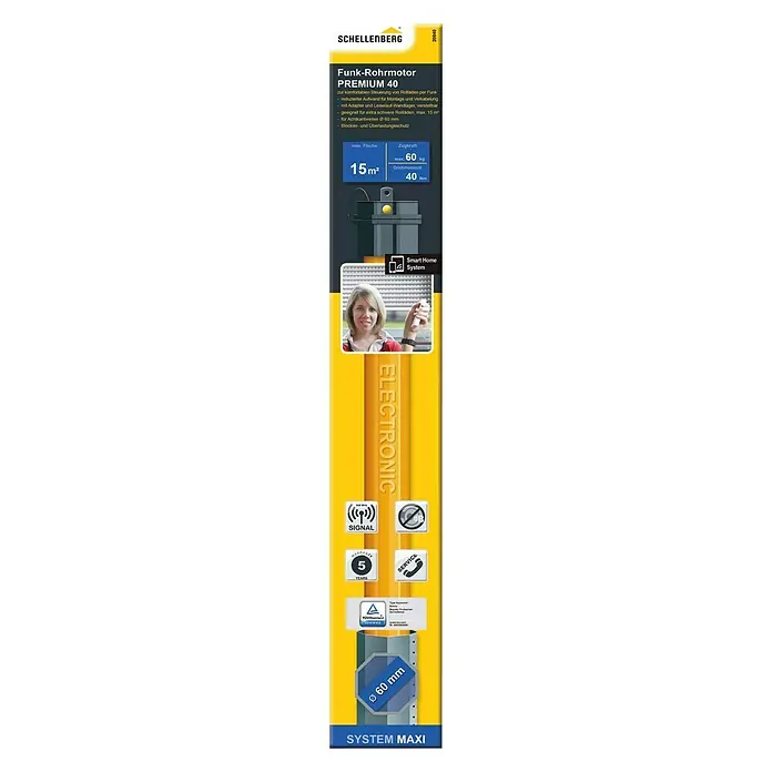Schellenberg Funk-Rohrmotor Maxi Premium 40 - Max. Rollladenfläche: 15 m² bei Kunststoffrollläden, Einbaulänge: 620 mm, Zugkraft: 60 kg