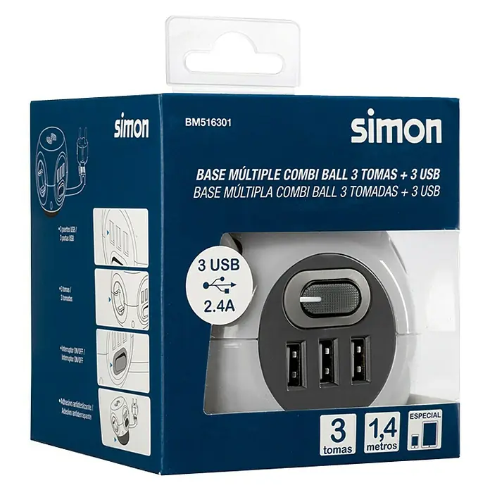 Simon Bola de enchufes con USB Combi Ball - Número de enchufes Schuko: 3 ud., Blanco