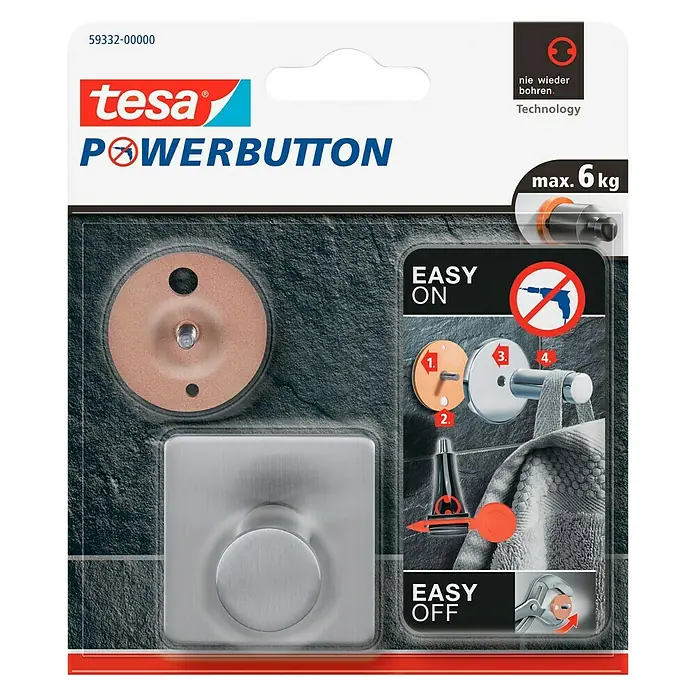 Tesa Powerbutton Wandhaken Classic - Rechteckig, Selbstklebend