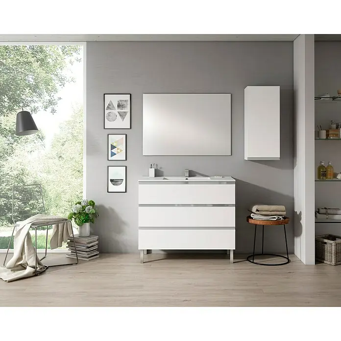 Mueble de lavabo Andrea - L x An x Al: 45 x 100 x 69 cm, Blanco, Brillante
