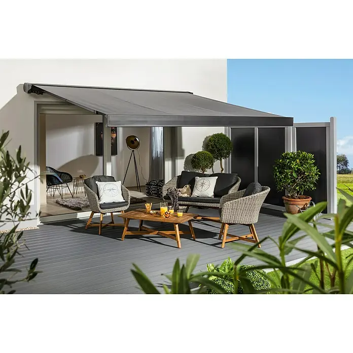 Sunfun LED-Vollkassettenmarkise - Grau, Breite: 5 m, Ausfall: 3 m