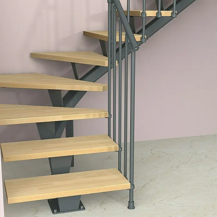 Fontanot Mittelholmtreppe Mas 030 - Breite: 85 cm, Anthrazit, 1/4-gewendelt, Farbe Stufen: Buche Natur, Geschosshöhe: 186 cm - 286 cm - Ansicht von unten