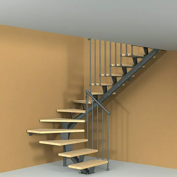 Fontanot Mittelholmtreppe Mas 030 - Breite: 85 cm, Anthrazit, 2/4-gewendelt, Farbe Stufen: Buche Natur, Geschosshöhe: 186 cm - 286 cm - Stimmungsaufnahme