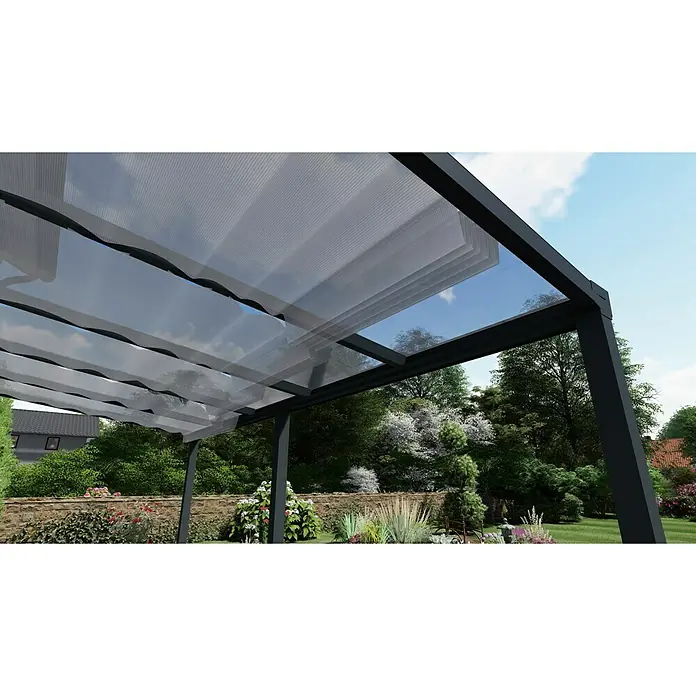 Terrasoverkapping Easy Edition - l x d: 500 cm x 300 cm, Gelaagd veiligheidsglas VSG, Antracietgrijs, Helder - Zicht van beneden