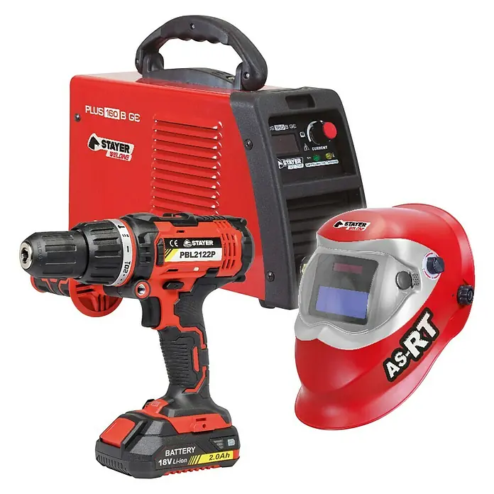 Stayer Taladro atornillador de batería PBL202 + Soldador Inverter PLUS 160BGEK - 18 V, Tipo de batería: Iones de litio, 2 Ah, 2 baterías, Número de revoluciones de marcha en vacío: 440 r.p.m. - 1.650 r.p.m.