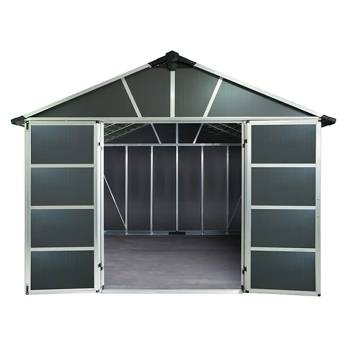 Palram – Canopia Yukon Gerätehaus - Außenbreite inkl. Dachüberstand: 333 cm, Außentiefe inkl. Dachüberstand: 272 cm, Aluminium, Grau, Mit Boden
